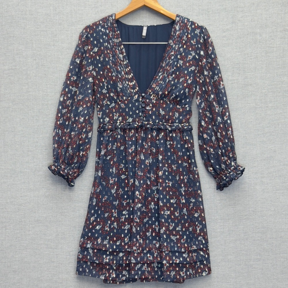 Urban Outfitters UO‎ Blue Cheetah Print Chiffon Mini Dress Long Sleeve S